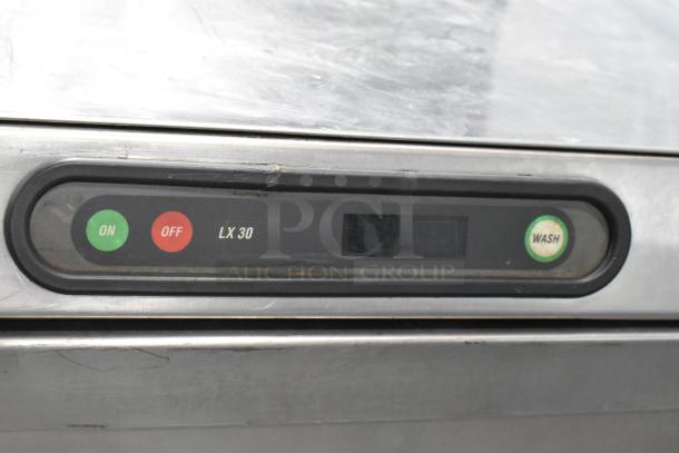 Hobart LX30H stainless steel undercounter dishwasher, 120/208V, 1 phase. Features on/off and wash controls.