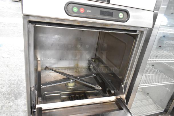 Hobart LX30H stainless steel commercial undercounter dishwasher, 120/208V, open door view, shows interior and controls.