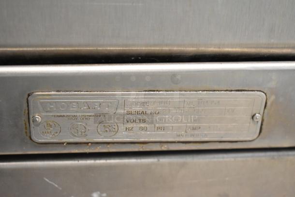 Hobart LX30H stainless steel commercial dishwasher label, 120/208 volts, 1 phase, model and serial number listed.