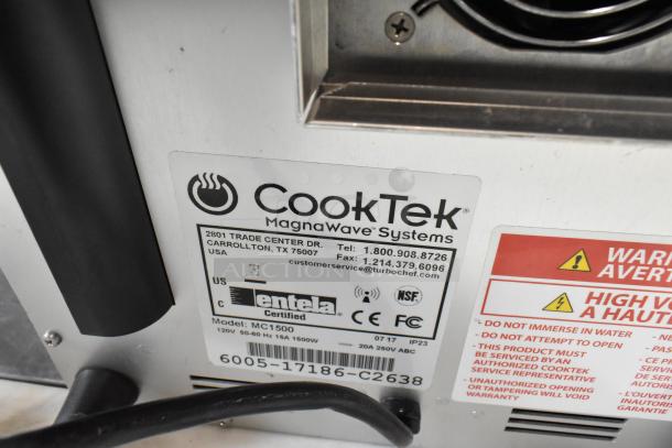 2017 CookTek MC1500 stainless steel induction range, single burner, 120 volts, 1 phase, certified labels visible.