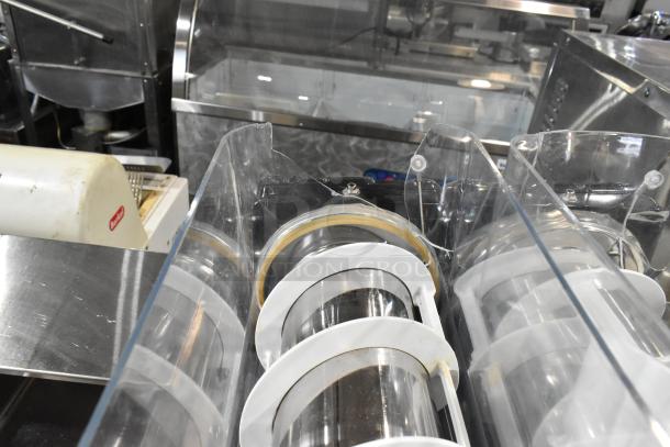 2019 Bunn ULTRA-2 stainless steel commercial frozen beverage machine with two hoppers, missing lids, 120 volts, 1 phase.