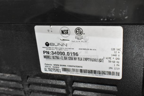 2019 Bunn ULTRA-2 stainless steel frozen beverage machine, 2 hoppers, missing lids, 120V, 1 phase, label showing model details.