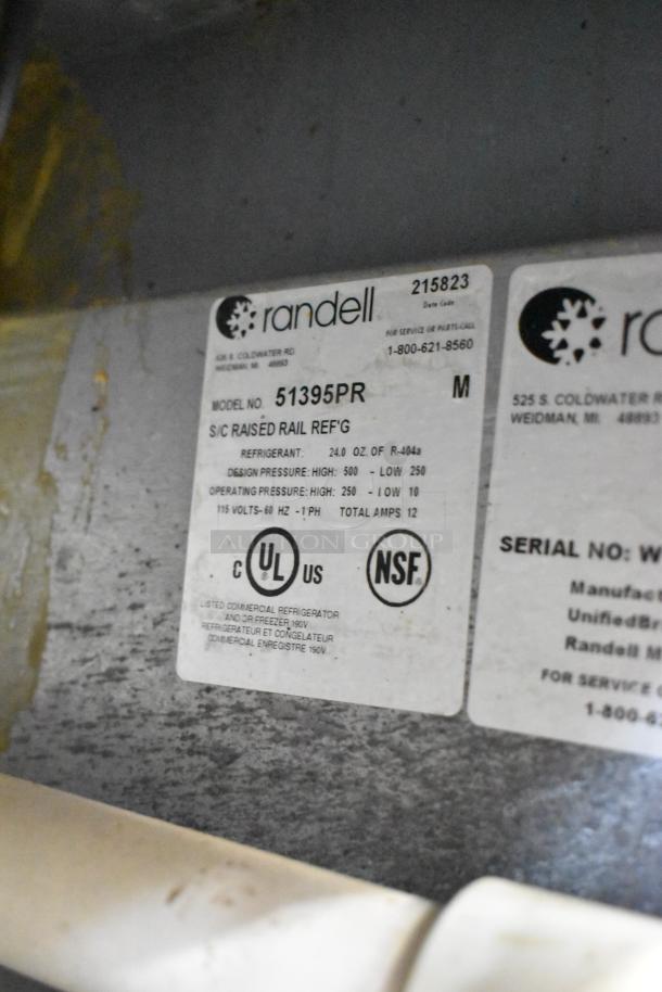 Randell 51395PR stainless steel commercial pizza prep table label, NSF certified, 115 volts, 1 phase, 12 amps.