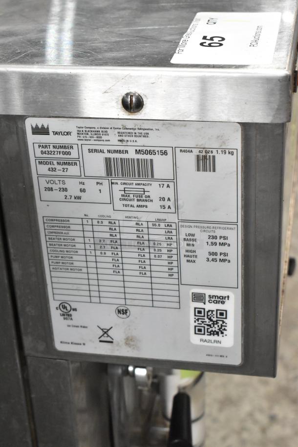 Taylor 432-27 Stainless Steel Slushie Machine, 2 flavors, commercial countertop model, 208-230V, 1 phase, label shown.
