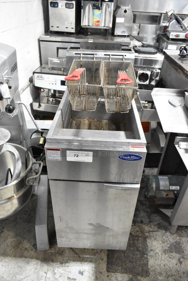 Cook Rite ATFS-40 stainless steel commercial deep fryer with 2 metal fry baskets, 102,000 BTU, label shows model and warnings.