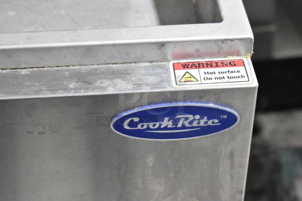 Cook Rite ATFS-40 stainless steel fryer, natural gas, 102,000 BTU, includes 2 metal fry baskets, "Hot surface" label.