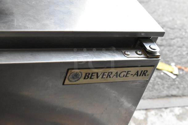 Beverage Air UCR48A stainless steel 2-door undercounter cooler on commercial casters, 115V, 1 phase, logo visible.