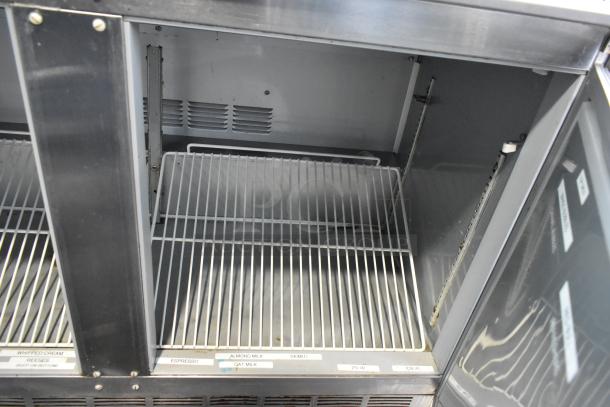 Beverage Air UCR48A stainless steel 2-door undercounter cooler with commercial casters, internal shelves shown, 115V, 1 phase.