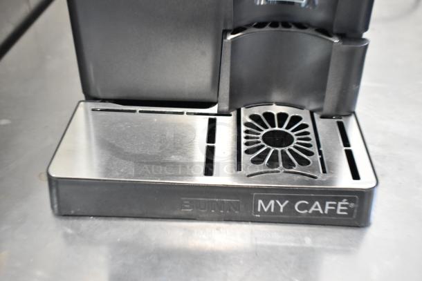 Bunn MyCafe stainless steel commercial espresso machine, countertop model, with drip tray and branding visible; 115V, 1-Phase.