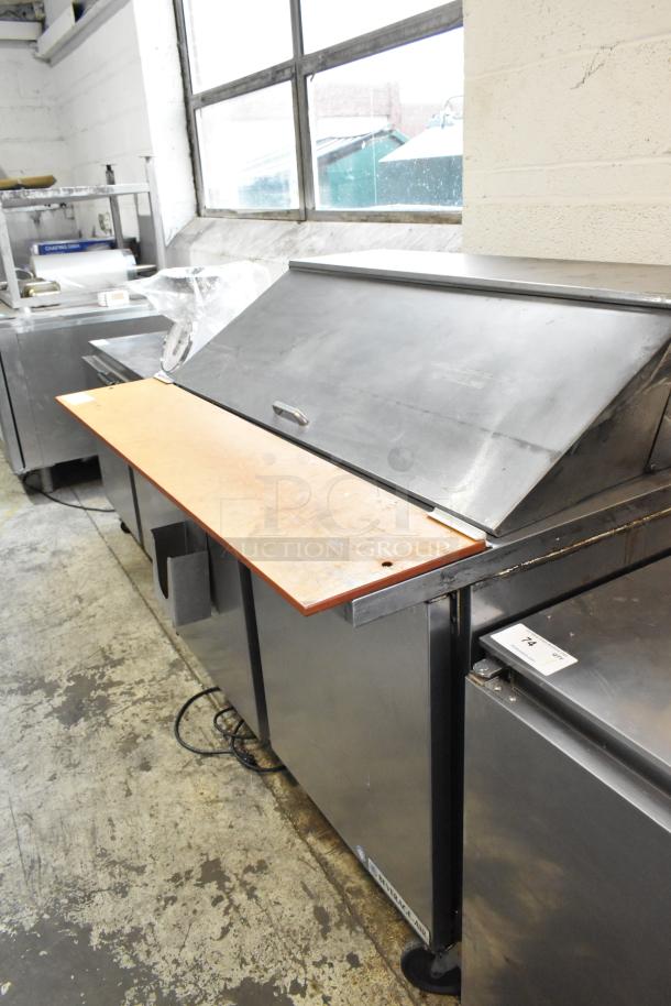 Beverage Air SPE48-18M stainless steel sandwich prep table with Bain Marie Mega Top on commercial casters, 115V, 1 Phase.