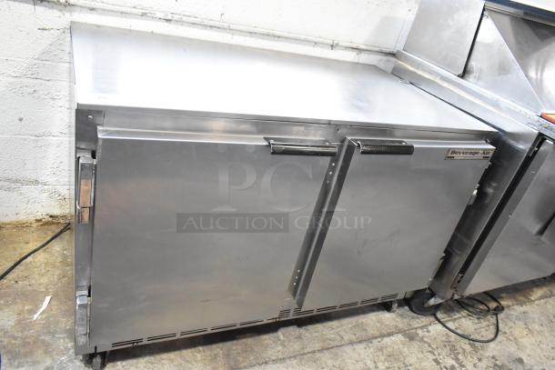 Beverage Air UCR48A stainless steel undercounter cooler with two doors, commercial casters, 115V, 1 Phase, used condition.
