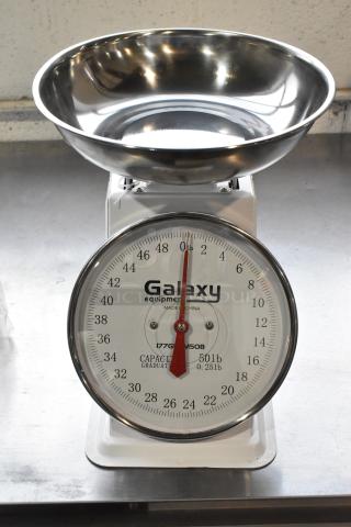 Galaxy metal countertop food portioning scale, 50 lb capacity, clear dial, stainless steel bowl, excellent condition.