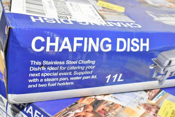 Brand new metal chafing dish, 11L capacity, includes steam pan, water pan lid, two fuel holders, slight box damage.