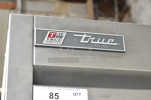 2017 True T-19F stainless steel commercial freezer, single door, poly coated racks, on casters, 115V, 1 phase, True logo.