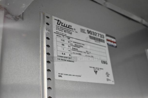 2017 True T-19F stainless steel reach-in freezer label, showing specs: 115V, 60Hz, model T-19F, commercial casters.