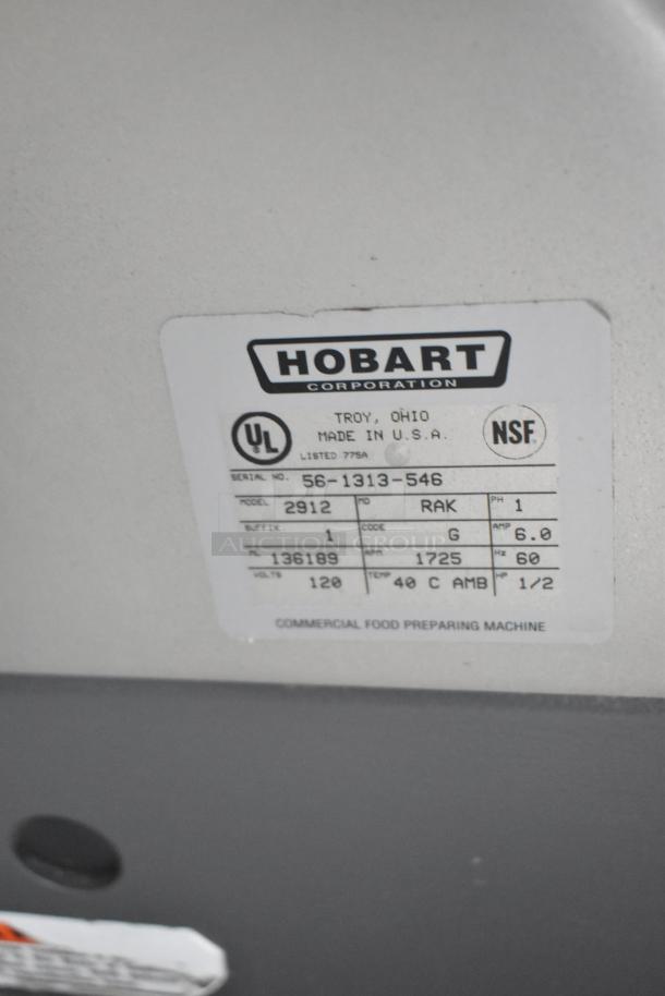 Hobart 2912 stainless steel commercial meat slicer label, 120 volts, 1 phase, serial 56-1313-546. Made in USA.