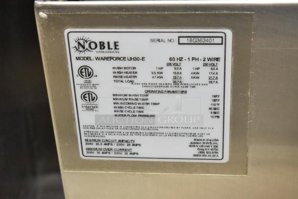 2018 Noble Wareforce UH30-E commercial undercounter dishwasher, stainless steel, 208/230V, 1 phase, model label shown.