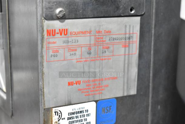 Nu Vu SUB-123 stainless steel commercial oven proofer, 240V, 3-phase, on casters. Missing lower door. Serial: 272420000307.