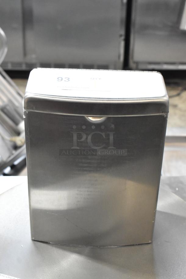Bobrick stainless steel trash can in excellent condition, rectangular shape, top label showing quantity marking.
