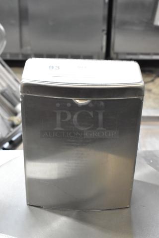 Bobrick stainless steel trash can in excellent condition, rectangular shape, top label showing quantity marking.