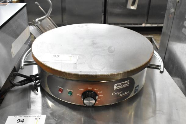 Waring WSC165BX stainless steel countertop crepe maker, commercial grade, 208/240V, used condition, labeled controls.