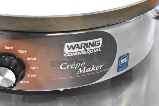 Waring WSC165BX stainless steel commercial crepe maker, showing temperature control dial, 208/240 volts, 1 phase.