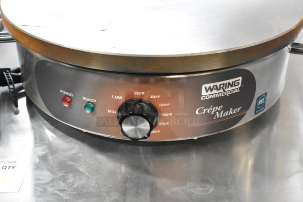 Waring WSC165BX Stainless Steel Commercial Crepe Maker, visible controls and temperature settings, 208/240 volts, 1 phase.