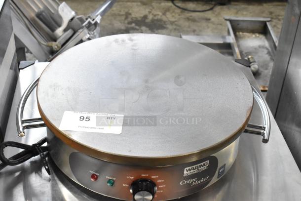 Waring WSC165BX Stainless Steel Commercial Crepe Maker, countertop model, 208/240 volts, 1 phase, with visible temperature controls.
