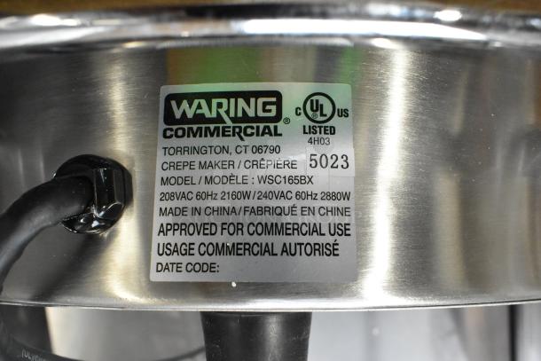 Waring WSC165BX Stainless Steel Crepe Maker, commercial use, 208/240V, UL listed, model label and power specs visible.