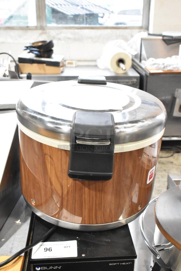 Town 56916W metal countertop rice cooker, wood finish, good condition, 120 volts, 1 phase, model visible on label.