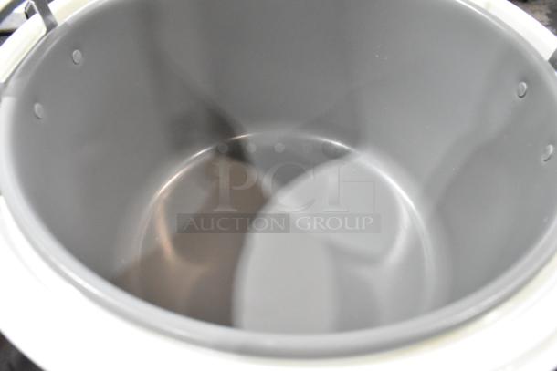 Town 56916W Metal Countertop Rice Cooker, interior view, 120V, 1 Phase, gray metal finish. Appears in good condition.