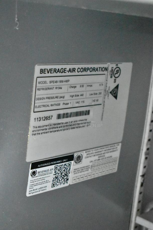 Beverage Air SPE48-18M-HMP label; details model, refrigerant R134a, electrical ratings 115V, 1 Phase.