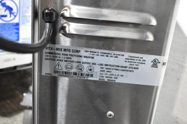 2025 Vita-Mix VM0805B Commercial Drink Mixer, stainless steel, 120V, 1 phase. Label: specs, serial, safety info.