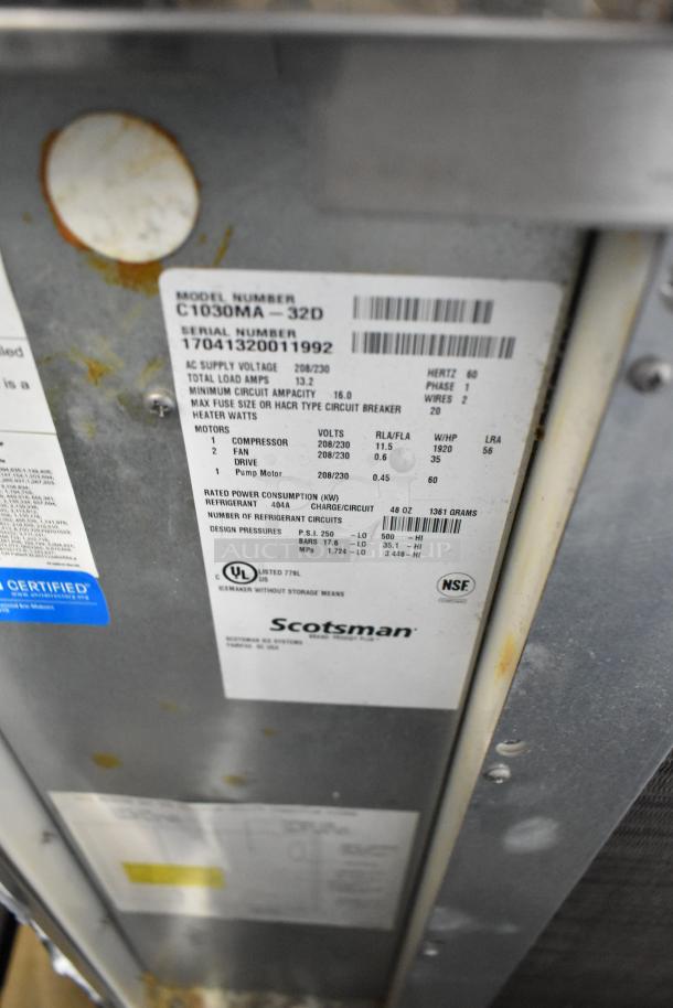 2017 Scotsman C1030MA-32D stainless steel commercial ice head, 208/230 volts, 1 phase, with NSF and UL certifications.