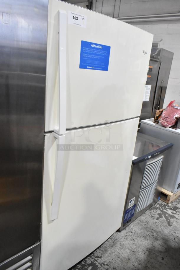 Whirlpool WRT511SZDW00 Reach-In Cooler, freezer on top, 115V, 1 Phase, visible labels, white exterior.