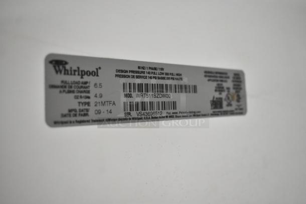Whirlpool WRT511SZDW00 cooler label showing model, voltage, amperage, and manufacturing date.