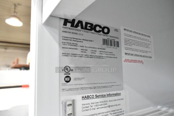 2019 Habco SE18 cooler label, UL and NSF certified, 115V, single phase. Features include poly coated racks. Serial No: 19061866.