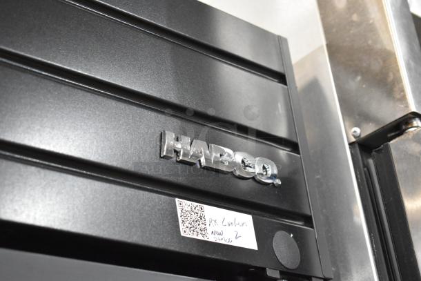 2019 Habco SE18 single door cooler with poly-coated racks, black metal exterior, 115V, 1 phase. Label reads "RX Cooler."