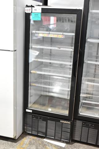 Habco SE12 metal single door reach-in cooler merchandiser with poly-coated racks. 115 volts, 1 phase. Good condition.