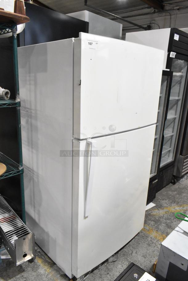 Whirlpool WRT511SZDW00 reach-in cooler with freezer, 115 volts, 1 phase, white, visible wear, auction tag 107.