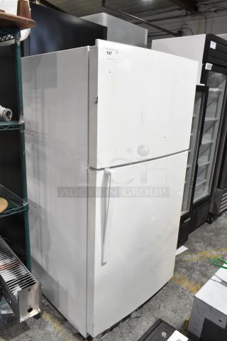 Whirlpool WRT511SZDW00 reach-in cooler with freezer, 115 volts, 1 phase, white, visible wear, auction tag 107.