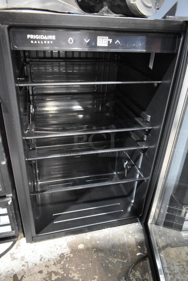 Frigidaire Gallery FGMIS1260 metal mini cooler merchandiser. Features adjustable shelves, digital display, and sleek design.
