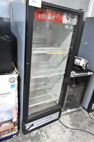 2018 True GDM-12-HC-LD single-door cooler with poly-coated racks, used, 115 volts, 1 phase, “Live Bait” signage.