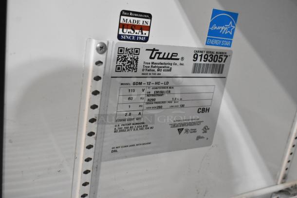 2018 True GDM-12-HC-LD commercial cooler, single door, poly-coated racks, 115V, Energy Star, Made in USA label shown.