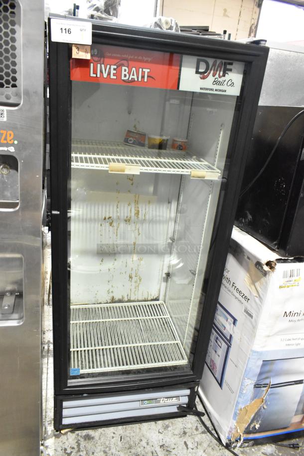 2021 True GDM-12-HC-LD cooler, single glass door, poly-coated racks, 115V, live bait signage, used condition.