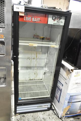 2021 True GDM-12-HC-LD cooler, single glass door, poly-coated racks, 115V, live bait signage, used condition.