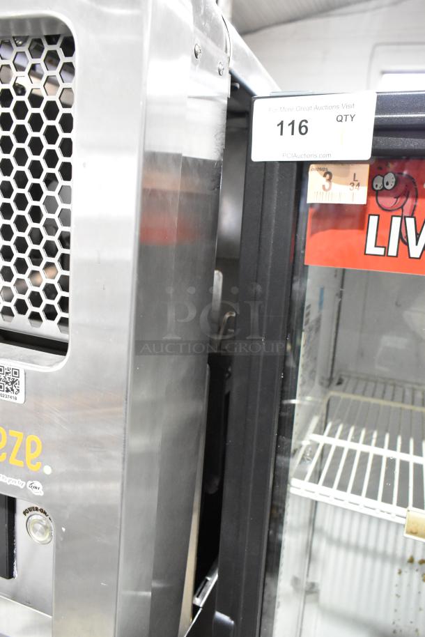 JBT Fresh N Squeeze Stainless Steel Commercial Citrus Juicer, floor style. Visible tag "116." 115 Volts, 1 Phase.