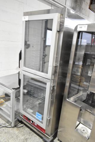 Brand new 2025 Avantco 177HTESDC1836 heated holding cabinet with clear Dutch doors, commercial casters, 120V, 1 Phase.