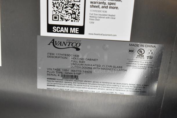 Avantco 177HTESDC1836 tag detail showing specs for vacuum-insulated heated holding cabinet. Includes voltage and wattage.