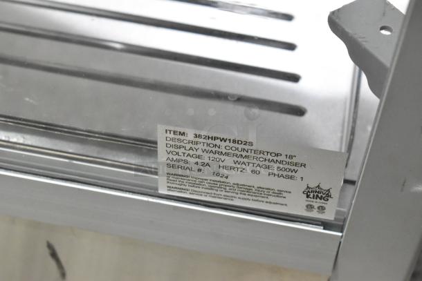 Brand new 18" Carnival King warmer/merchandiser, model 382HPW18D2S. 120V, 1 phase, scratch and dent condition.